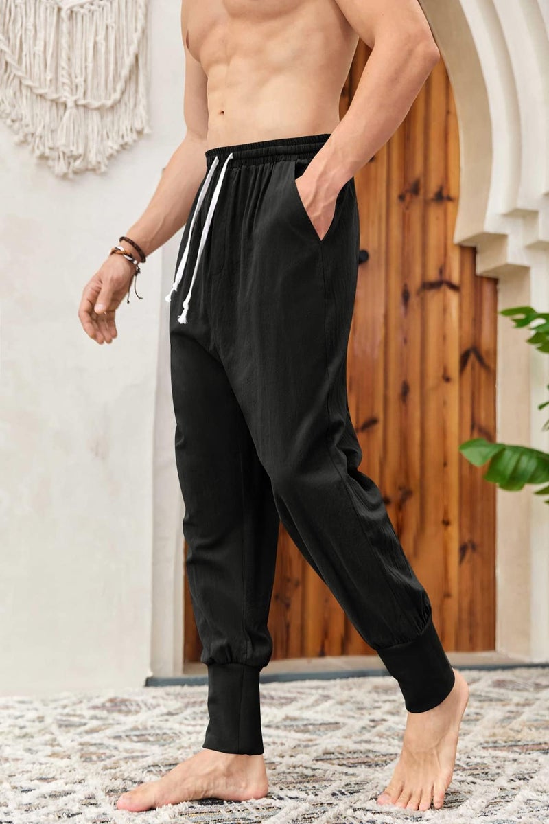 Pengfei Men's Joggers Pants Drawstring Elastic Pockets, Black, Medium - Image 5